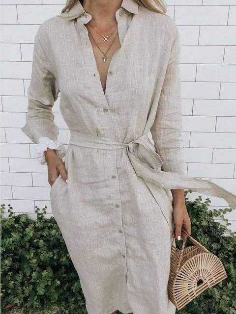 Fashion Pure Fastener Lapel Long sleeve Maxi Dresses