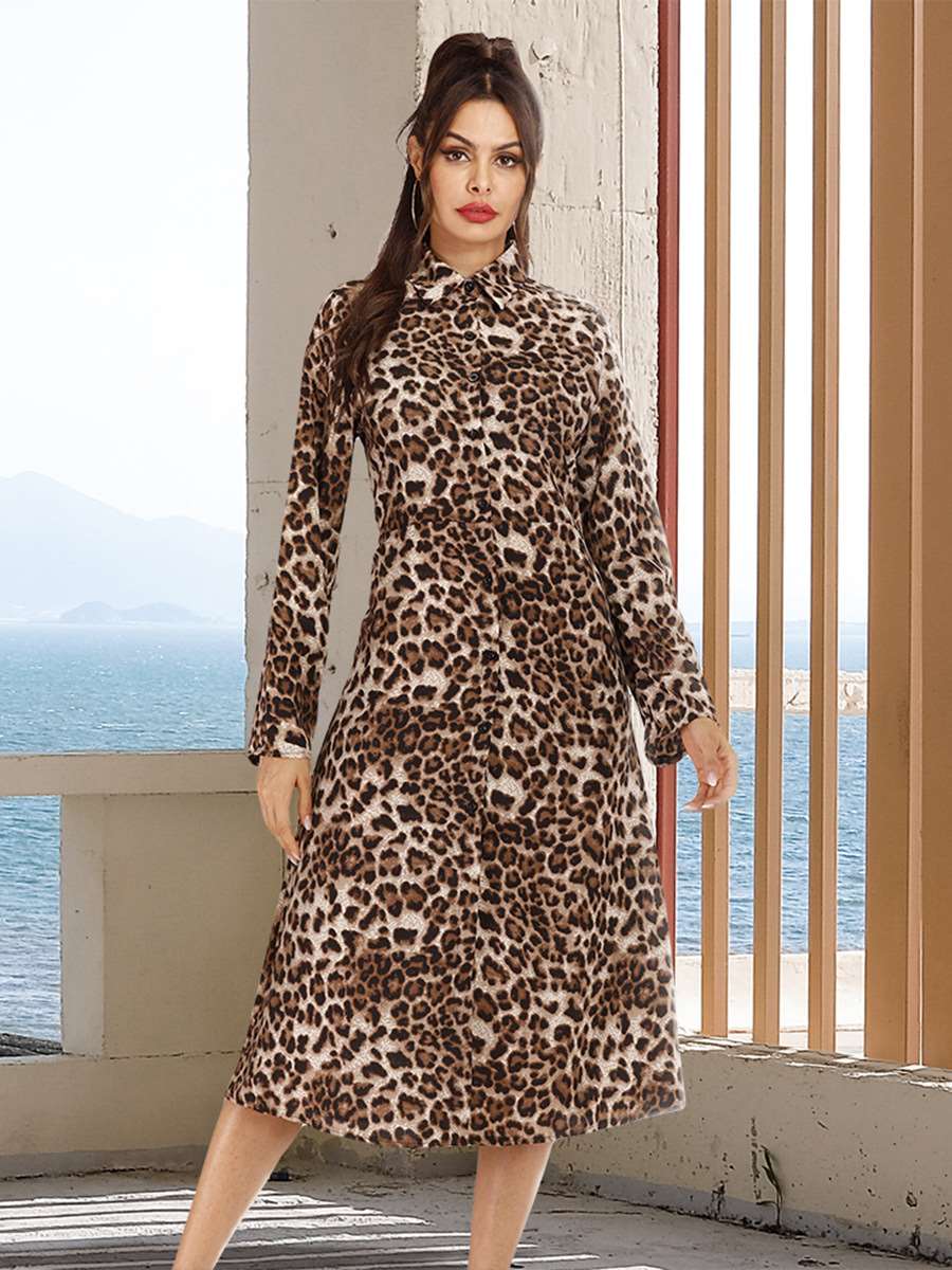 Fashion Leopard print Lapel Long sleeve Maxi Dresses