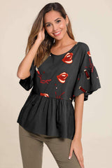 Fashion Print Round neck Half sleeve Falbala T-Shirts