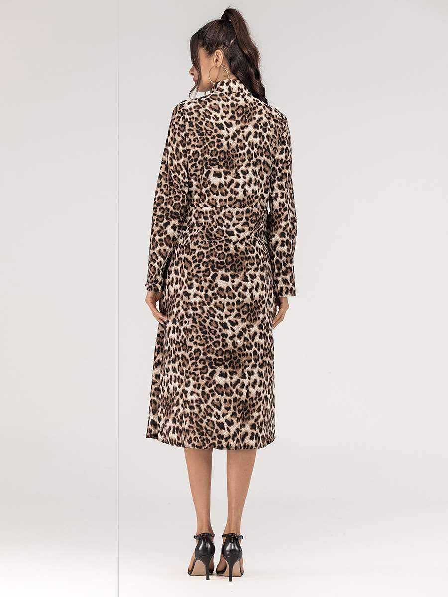 Fashion Leopard print Lapel Long sleeve Maxi Dresses