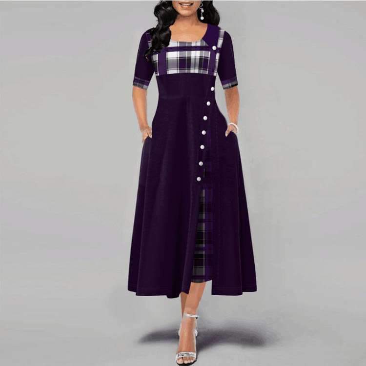 Fashion Plaid print Gored Short sleeve Maxi Dresses