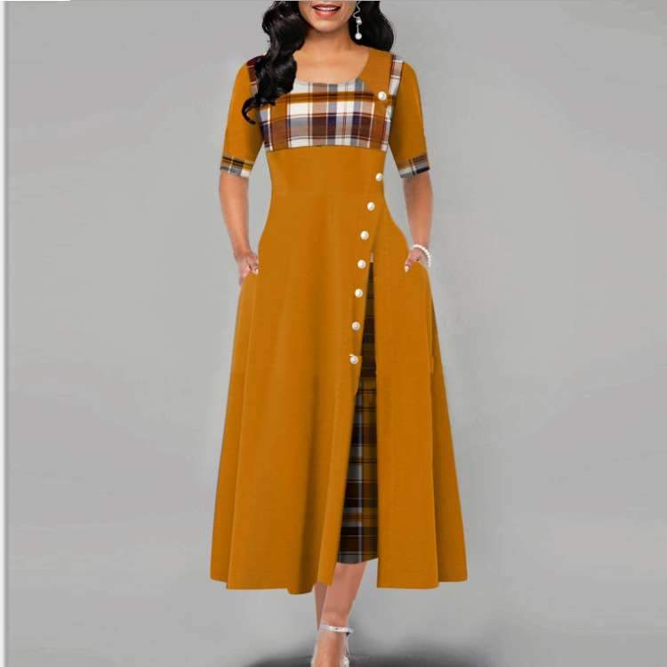 Fashion Plaid print Gored Short sleeve Maxi Dresses