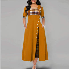 Fashion Plaid print Gored Short sleeve Maxi Dresses