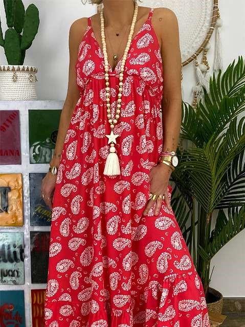 Fashion Print V neck Sleeveless Maxi Dresses