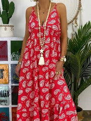 Fashion Print V neck Sleeveless Maxi Dresses