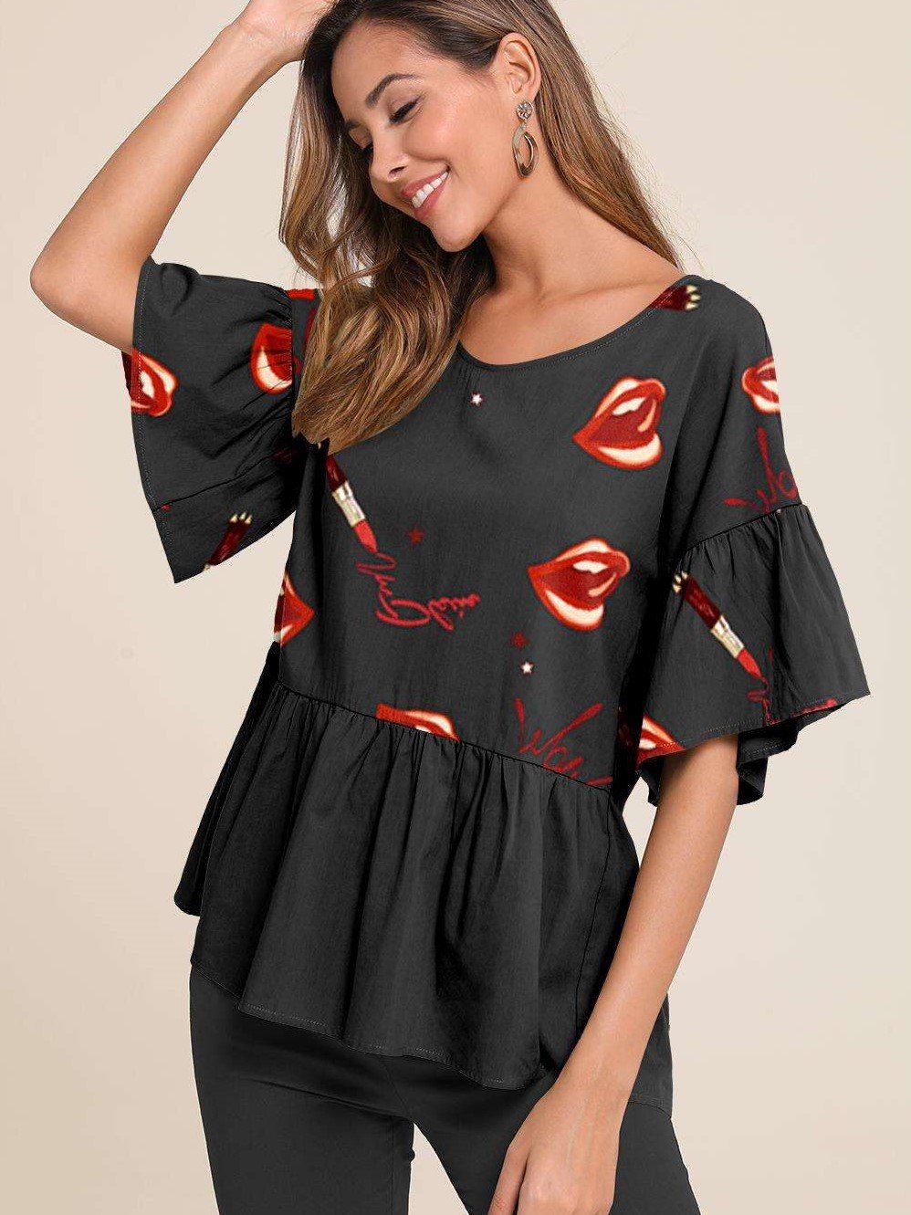 Fashion Print Round neck Half sleeve Falbala T-Shirts