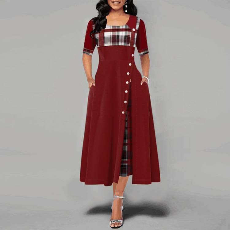 Fashion Plaid print Gored Short sleeve Maxi Dresses