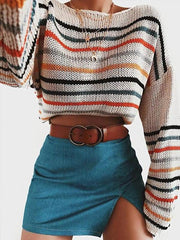 Chic Stylishness Rainbow Stripe Round neck Pattern Sweaters