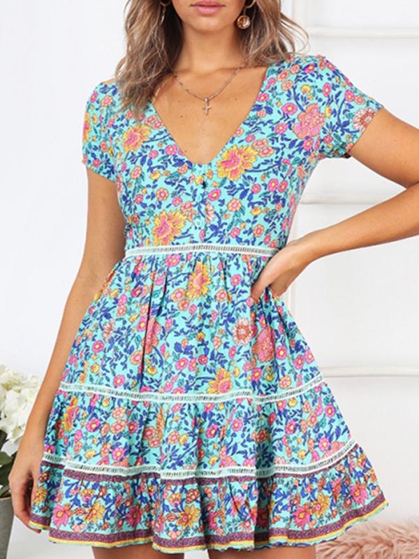 Sexy v-neck floral beach dress vacation dresses