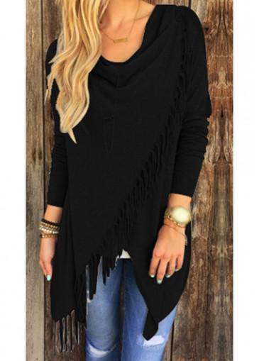 Black Tassel Decorated Long Sleeve T Shirt