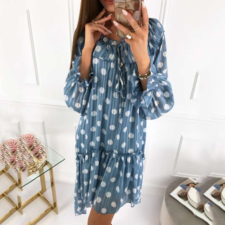 Fashion Casual Point print Round neck Long sleeve Shift Dresses