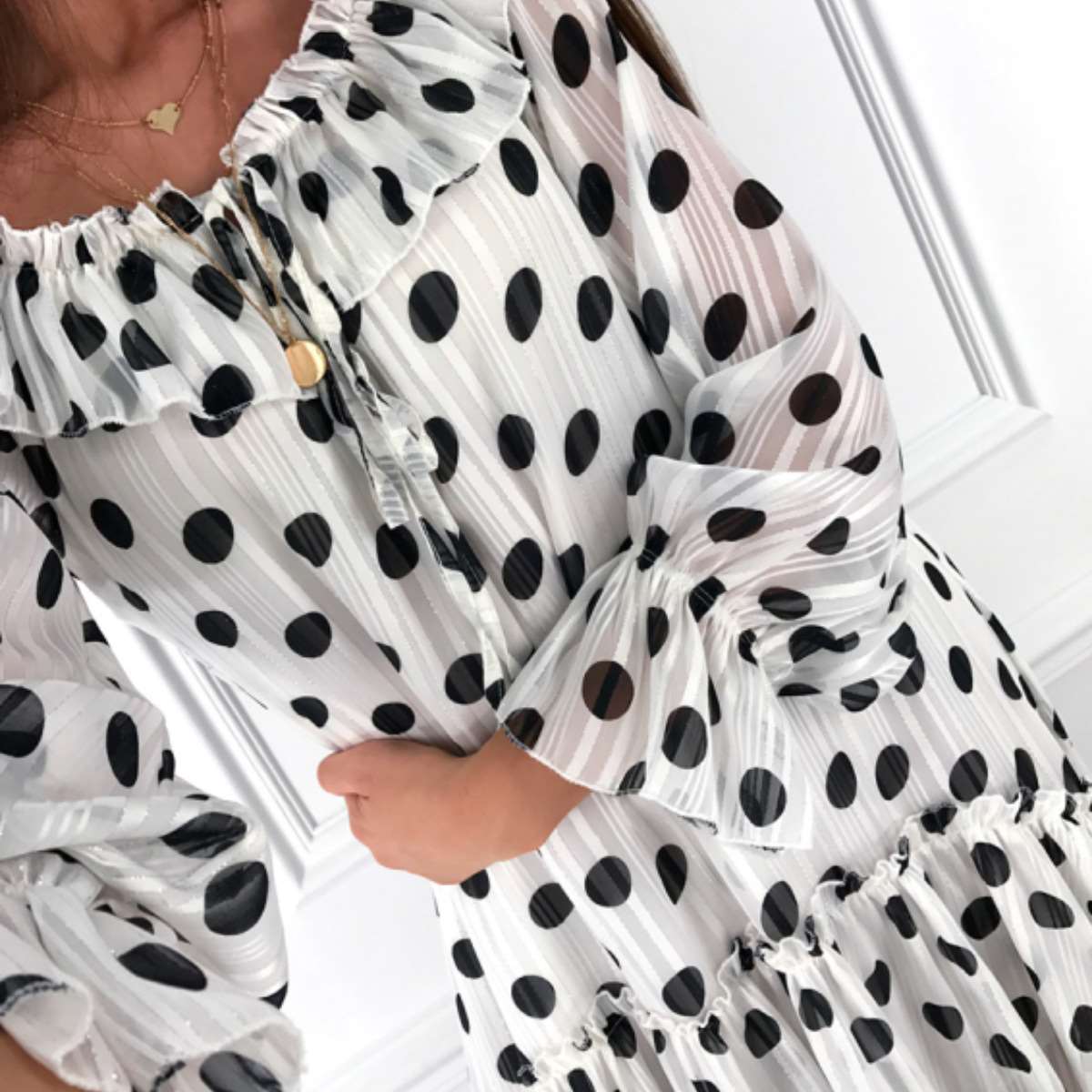 Fashion Casual Point print Round neck Long sleeve Shift Dresses