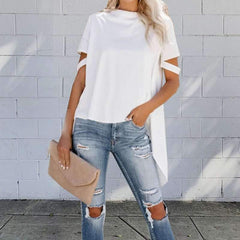 Casual Pure Round neck Short sleeve Irregular T-Shirts