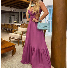 Sexy V neck Vest Backless Big hem Maxi Dresses