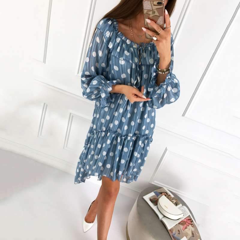 Fashion Casual Point print Round neck Long sleeve Shift Dresses