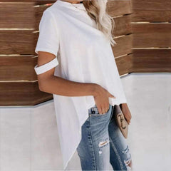 Casual Pure Round neck Short sleeve Irregular T-Shirts