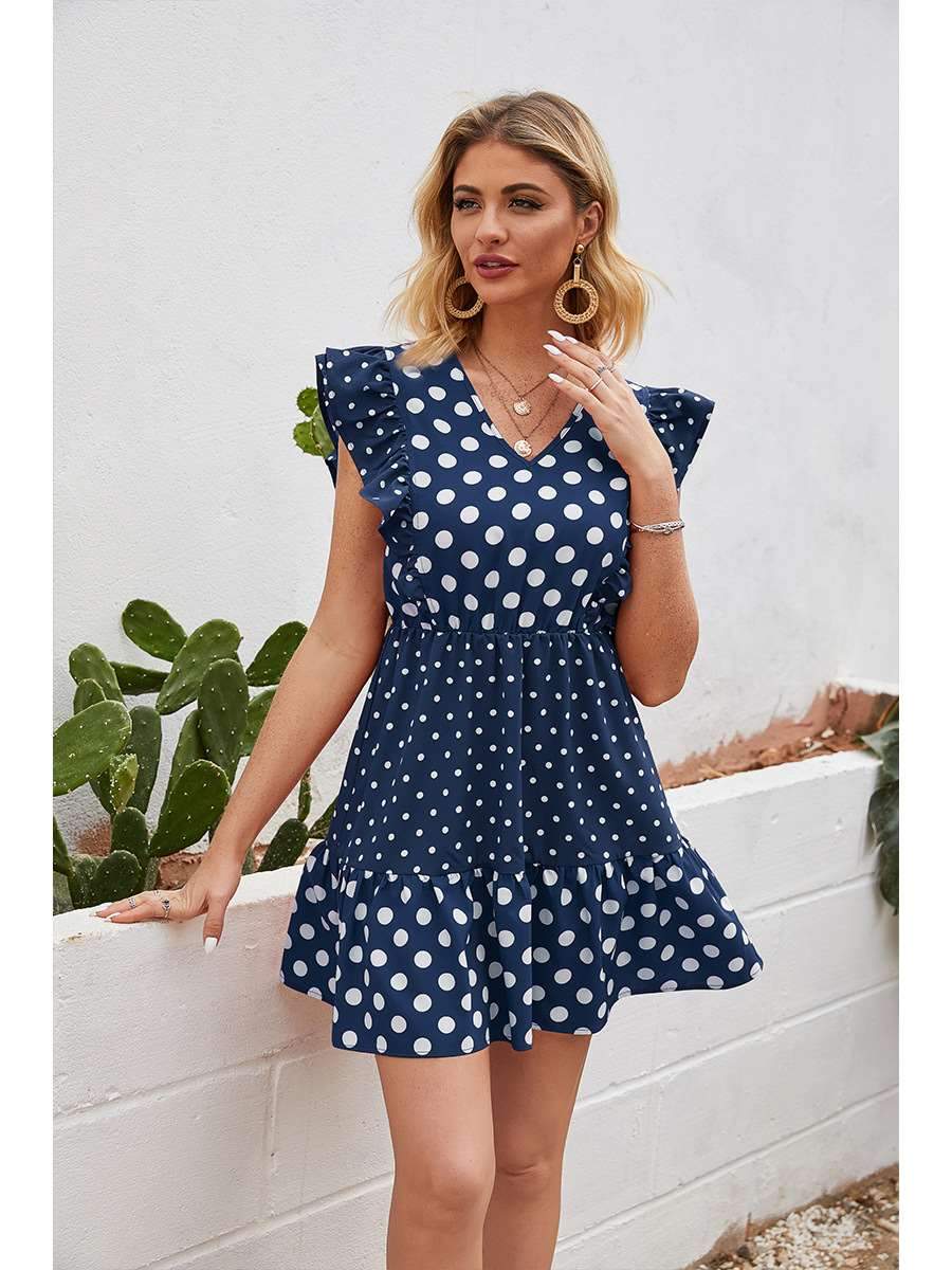 Fashion Point print V neck Falbala Skater Dresses