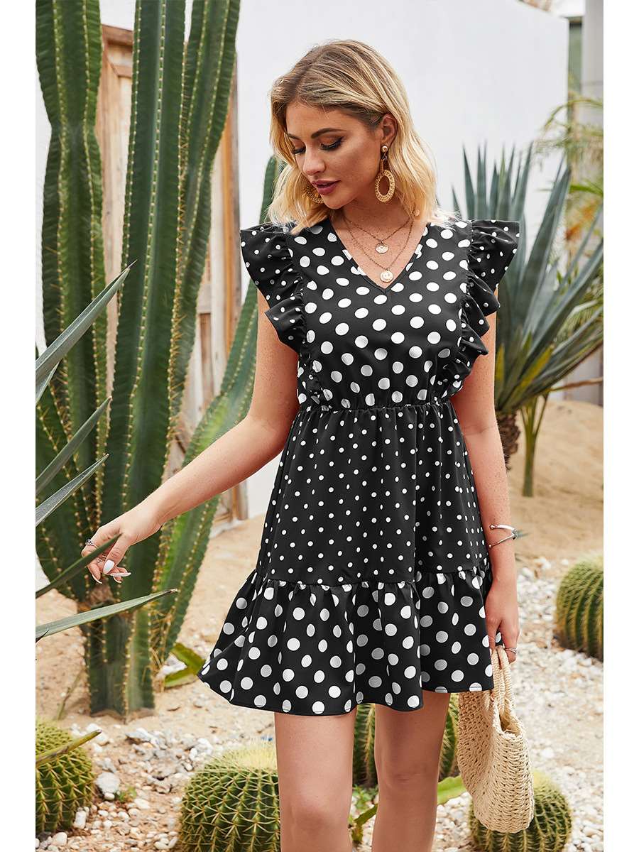 Fashion Point print V neck Falbala Skater Dresses