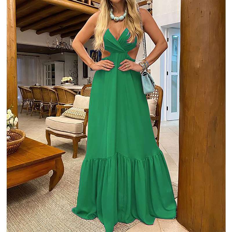 Sexy V neck Vest Backless Big hem Maxi Dresses