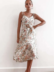 Fashion Print V neck Vest Sleeveless Lacing Skater Dresses