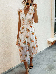 Fashion Print V neck Sleeveless Skater Maxi Dresses