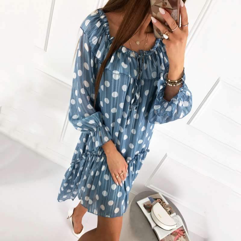 Fashion Casual Point print Round neck Long sleeve Shift Dresses