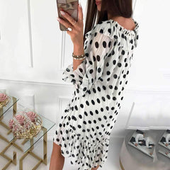 Fashion Casual Point print Round neck Long sleeve Shift Dresses