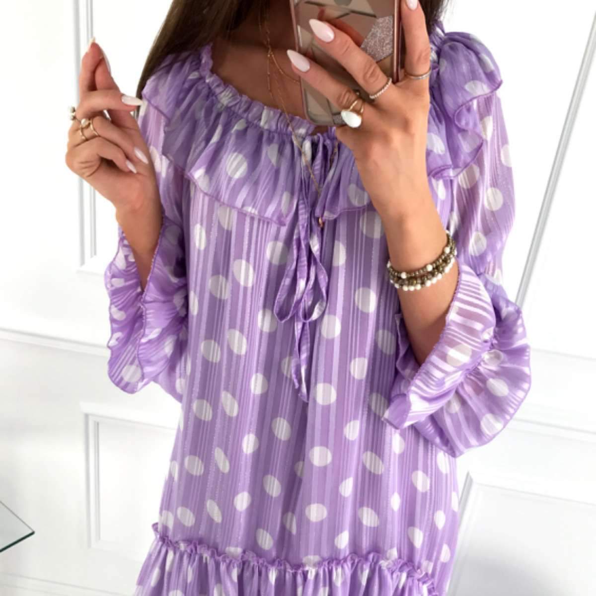 Fashion Casual Point print Round neck Long sleeve Shift Dresses