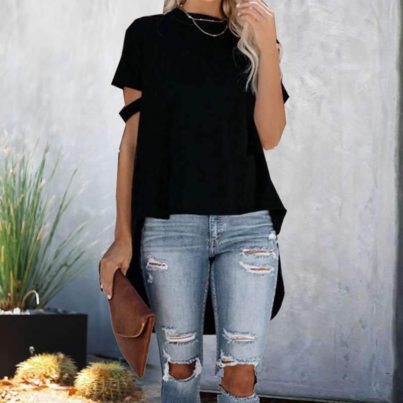 Casual Pure Round neck Short sleeve Irregular T-Shirts