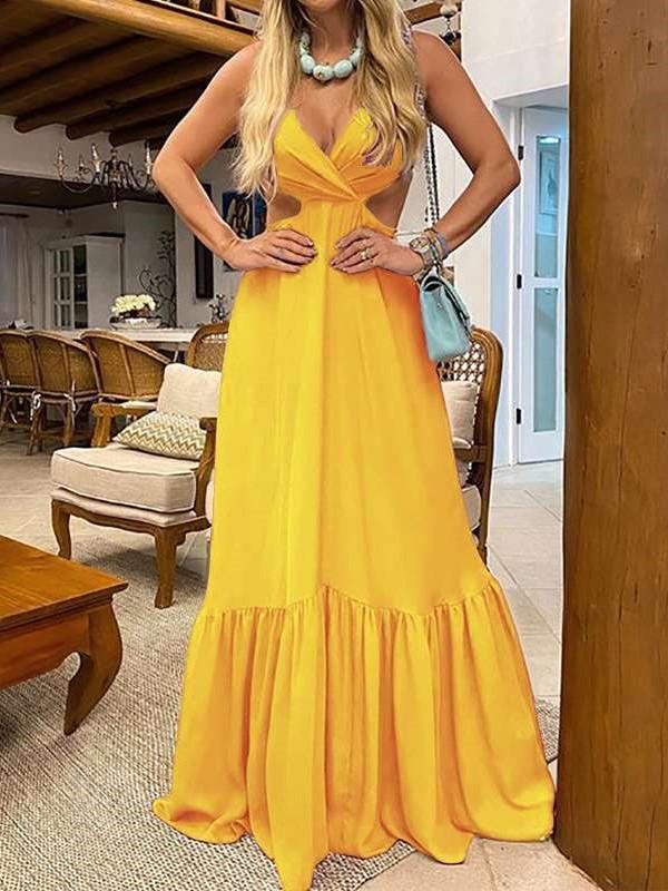 Sexy V neck Vest Backless Big hem Maxi Dresses