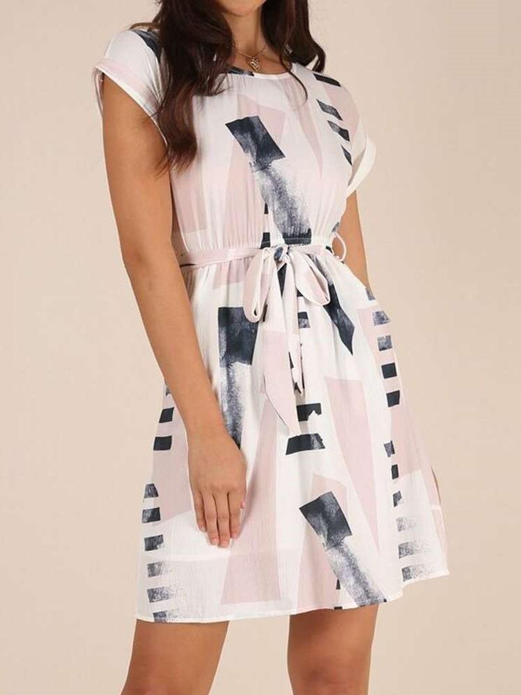 Fashion Print Round neck Short sleeve Lacing Shift Dresses
