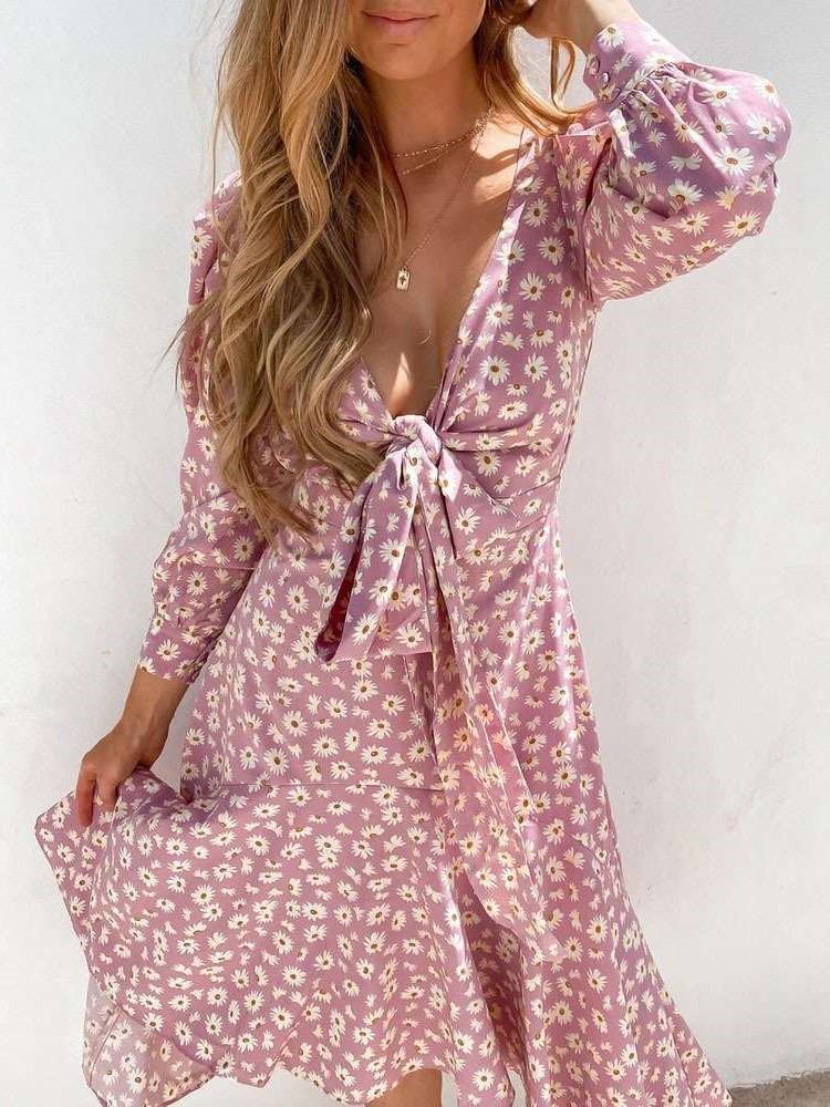 Casual Print V neck Long sleeve Lacing Skater Dresses