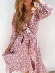 Casual Print V neck Long sleeve Lacing Skater Dresses