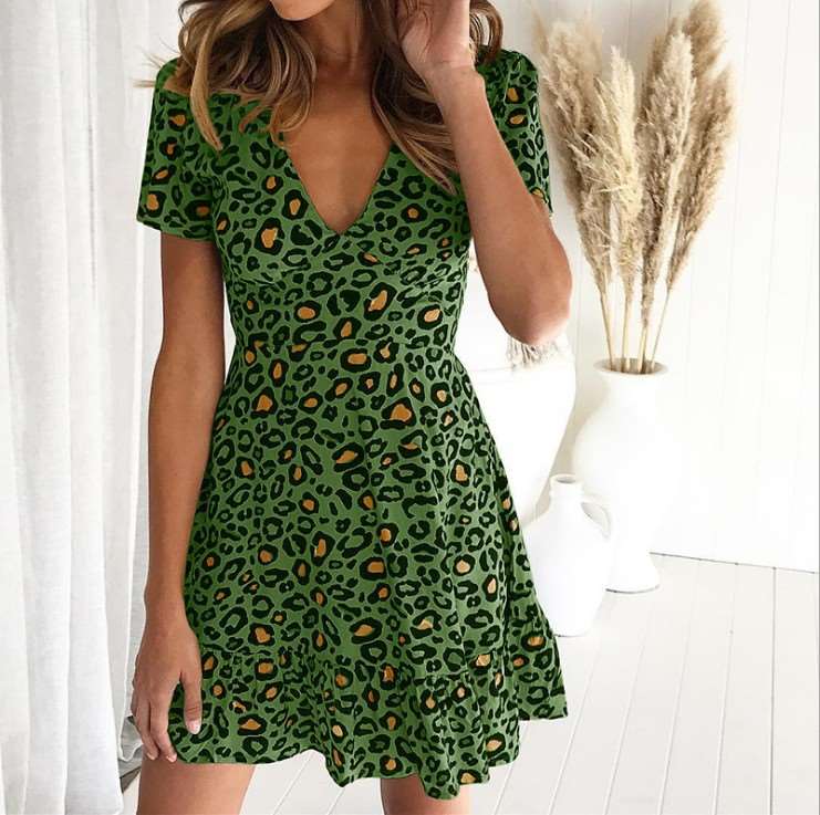 Fashion Leopard print V neck Short sleeve Skater Dresses