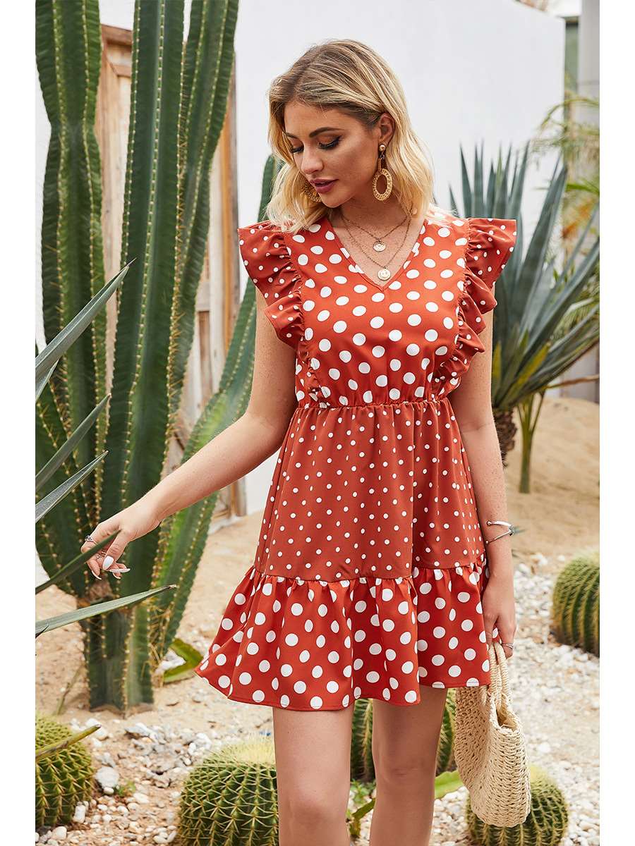 Fashion Point print V neck Falbala Skater Dresses