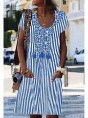 Casual Loose Stripe Round neck Short sleeve Shift Dresses