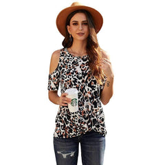 Fashion Leopard print Rouns neck Off shoulder T-Shirts