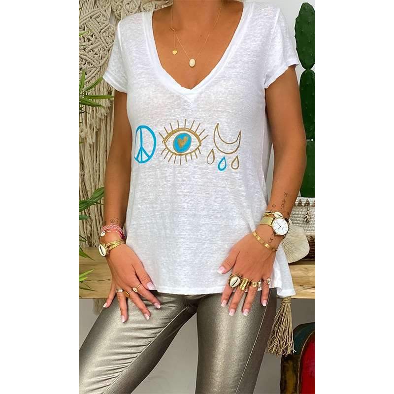 Casual V neck Print Short sleeve T-Shirts