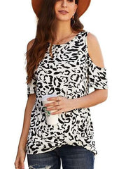 Fashion Leopard print Rouns neck Off shoulder T-Shirts