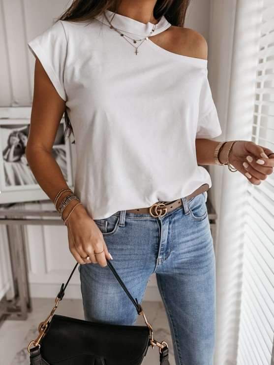 Pure Round neck Off shoulder Short sleeve T-Shirts