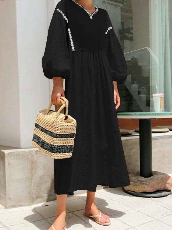 Casual Loose V neck Puff sleeve Maxi Dresses