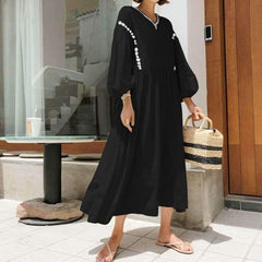 Casual Loose V neck Puff sleeve Maxi Dresses
