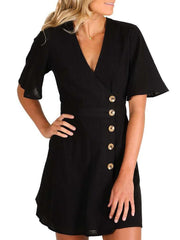 Fashion Pure V neck Short sleeve Fastener Shift Dresses