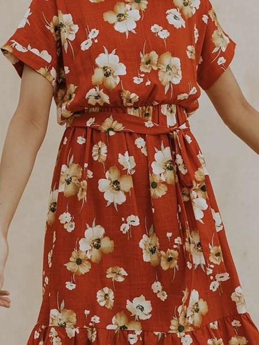 Casual Print Round neck Short sleeve Lacing Skater Dresses
