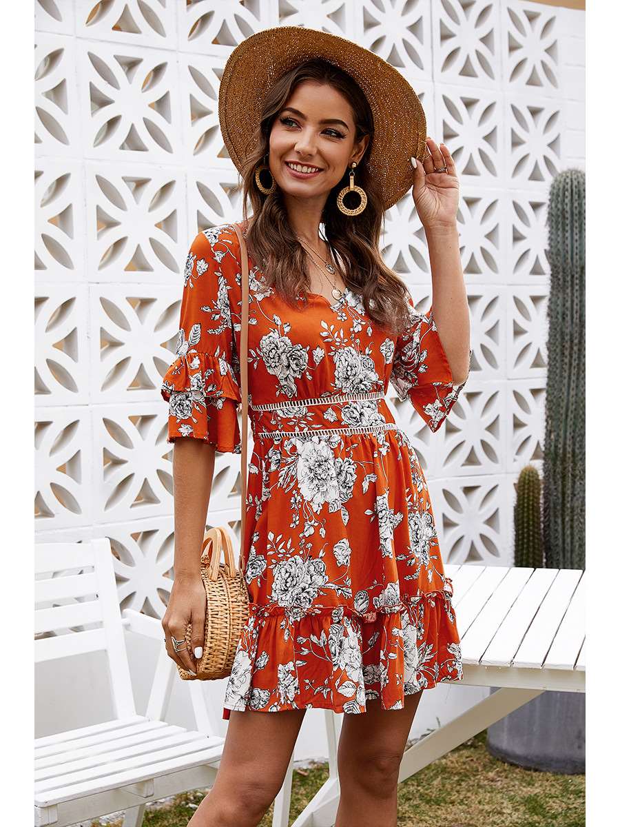 Fashion Casual Print V neck Half sleeve Backless Skater Dresses