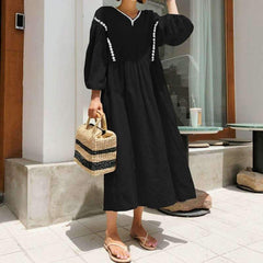 Casual Loose V neck Puff sleeve Maxi Dresses