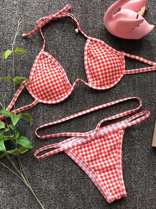 Sexy Grid Woman Vacation Bikini Swimwear