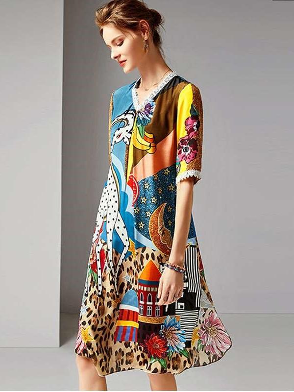 Casual Print V neck Half sleeve Vacation Dresses
