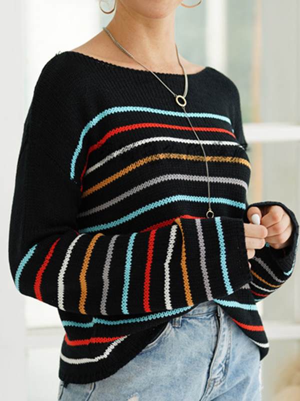 Chic Stylishness Rainbow Stripe Round neck Pattern Sweaters