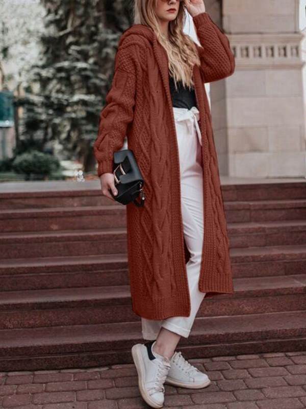 Solid color hooded long twist cardigans fashion women sweaters